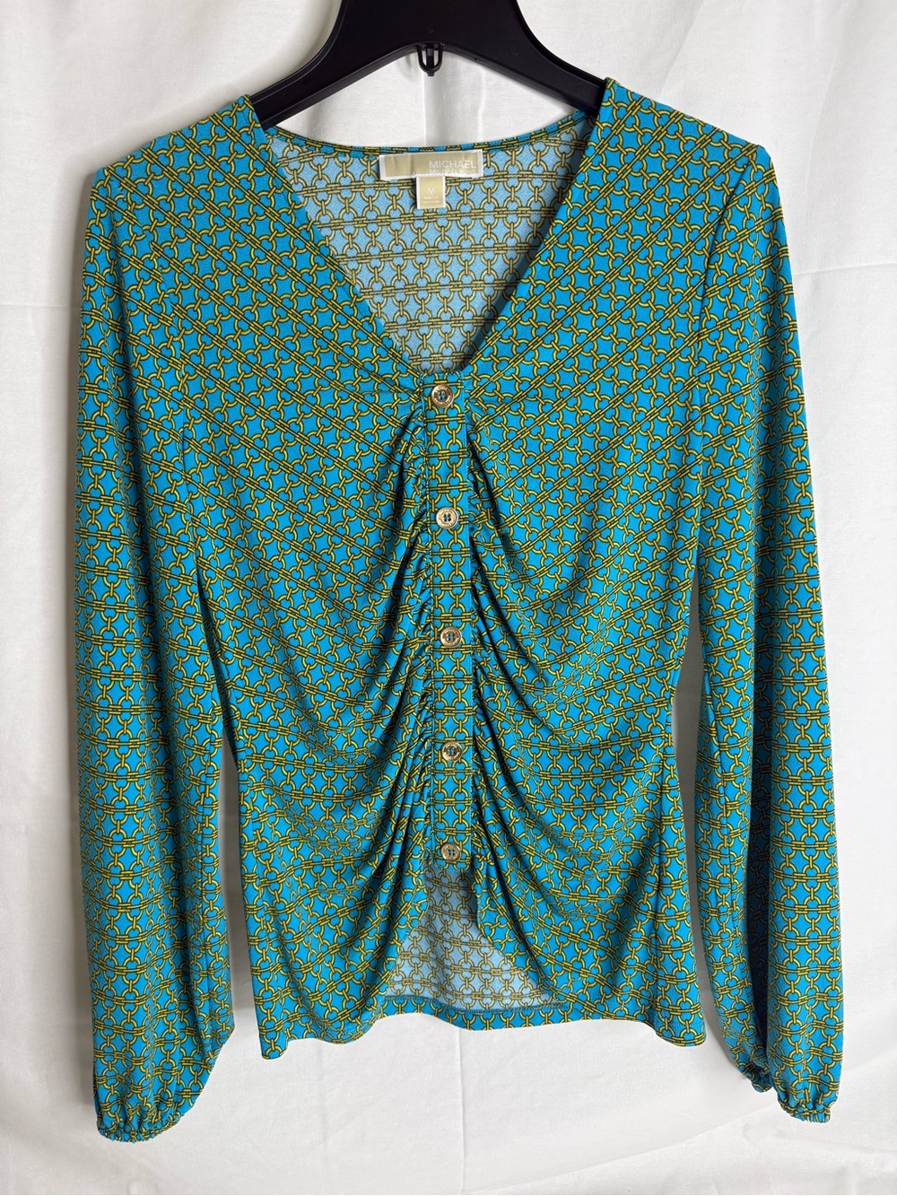 MICHAEL Michael Kors Teal Geometric Long-Sleeve Ruched Button Top